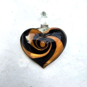 Vintage Art Glass Heart Pendant ~ Black & Coppery Gold Swirl Design